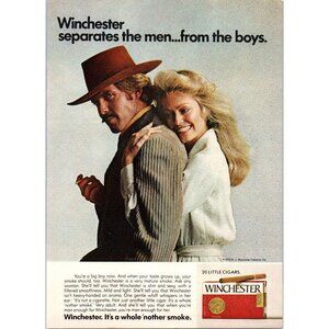 1973 Winchester Little Cigars Vintage Print Ad Cowboy Men from Boys 70s Wall Art